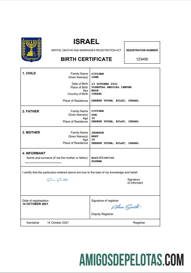 Dapat Diedit Israel vital record kelahiran sertifikat Word and PDF templat