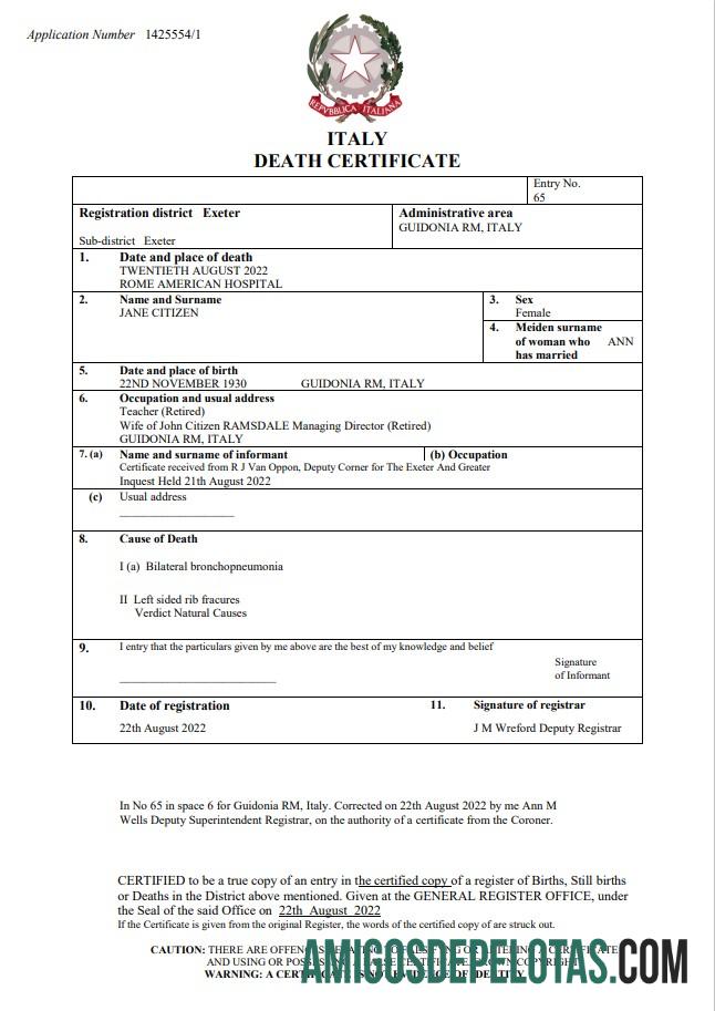 Realistis Italia vital record kematian sertifikat Word and PDF templat