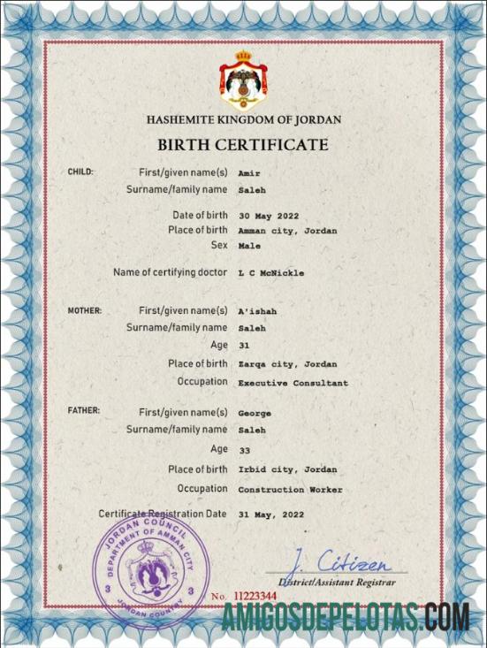 Premium Yordania vital record kelahiran sertifikat PSD templat