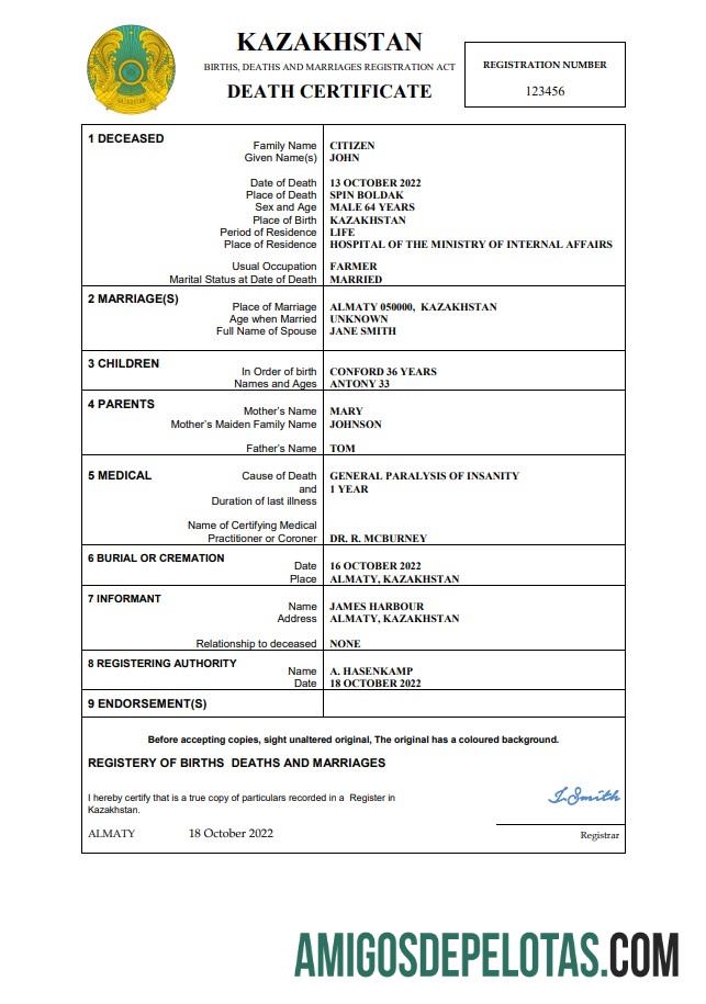 Profesional Kazakhstan kematian sertifikat Word and PDF templat
