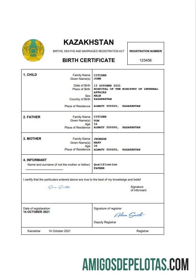 Realistis Kazakhstan vital record kelahiran sertifikat Word and PDF templat