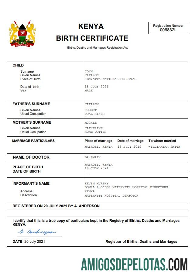 Profesional Kenya vital record kelahiran sertifikat Word and PDF templat
