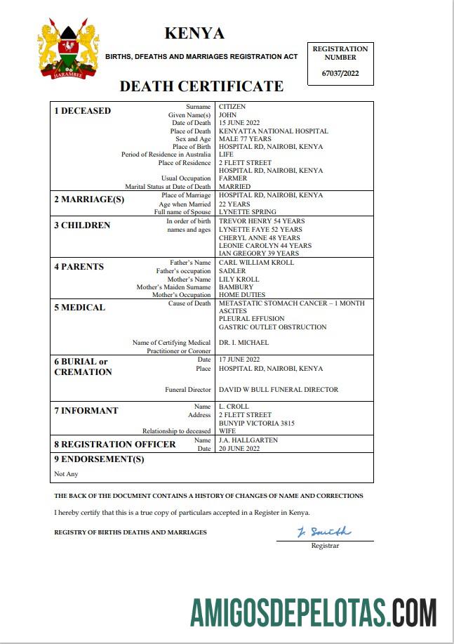 Premium Kenya vital record kematian sertifikat Word and PDF templat