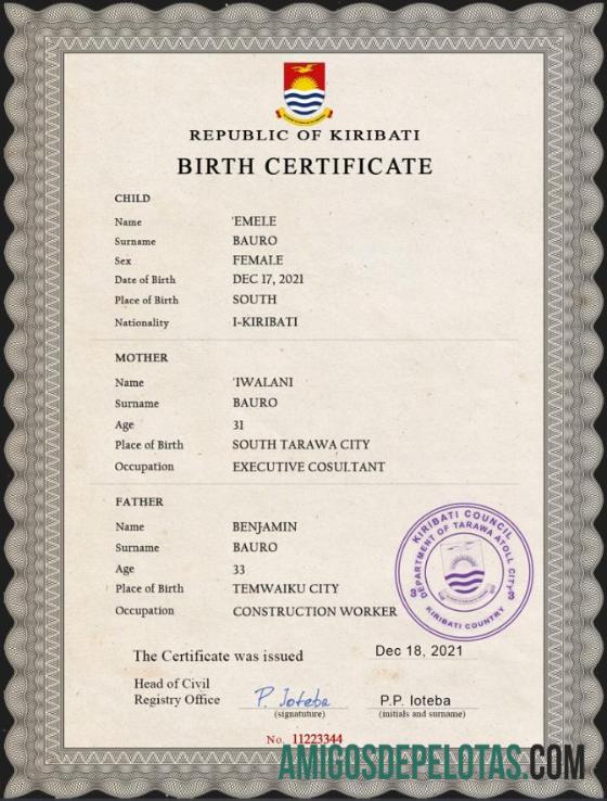 Berkualitas Kiribati vital record kelahiran sertifikat PSD templat