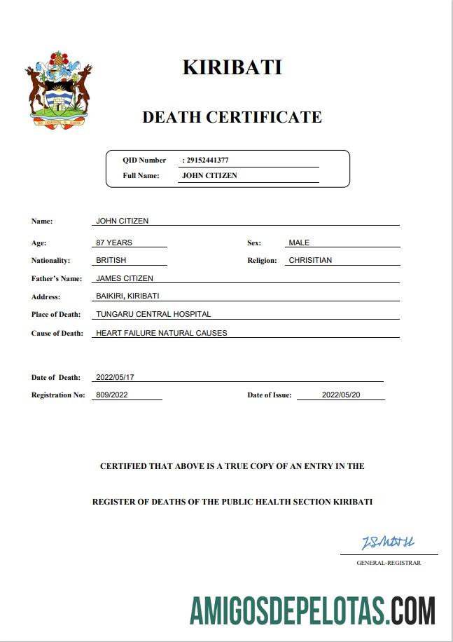 Berkualitas Kiribati vital record kematian sertifikat Word and PDF templat