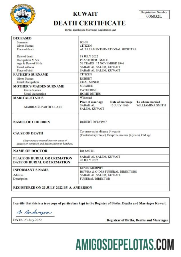 Realistis Kuwait kematian sertifikat Word and PDF templat