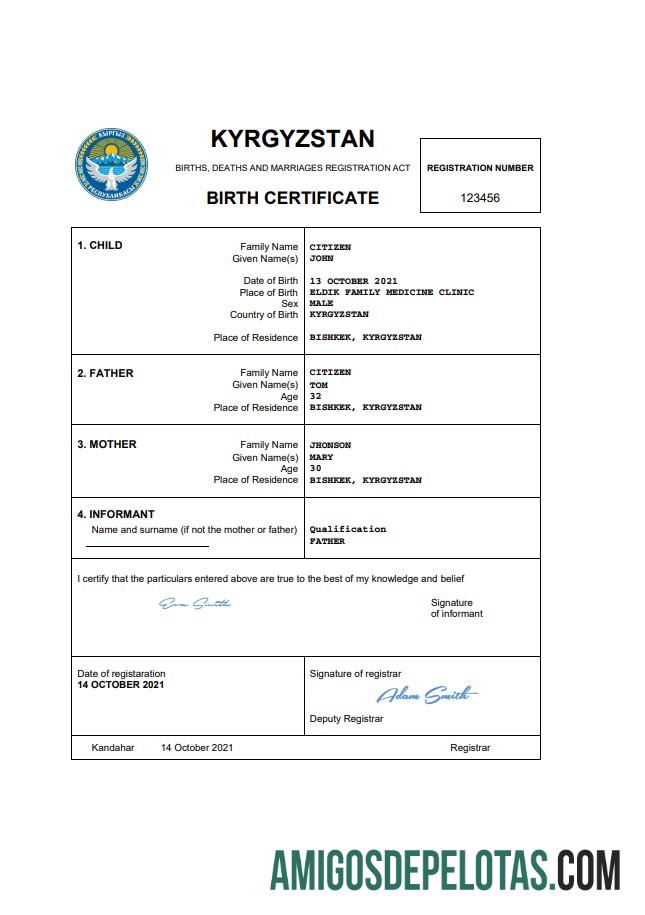 Realistis Kirgizstan kelahiran sertifikat Word and PDF templat