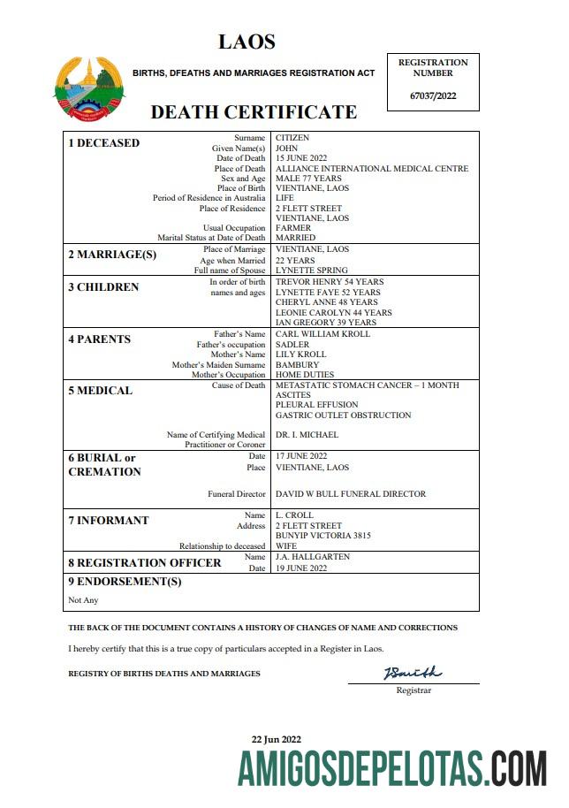 Realistis Laos vital record kematian sertifikat Word and PDF templat