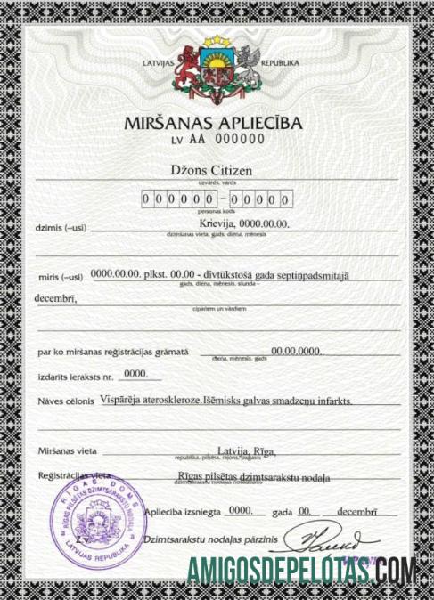 Realistis Latvia kematian sertifikat templat in PSD format, fully Dapat Diedit