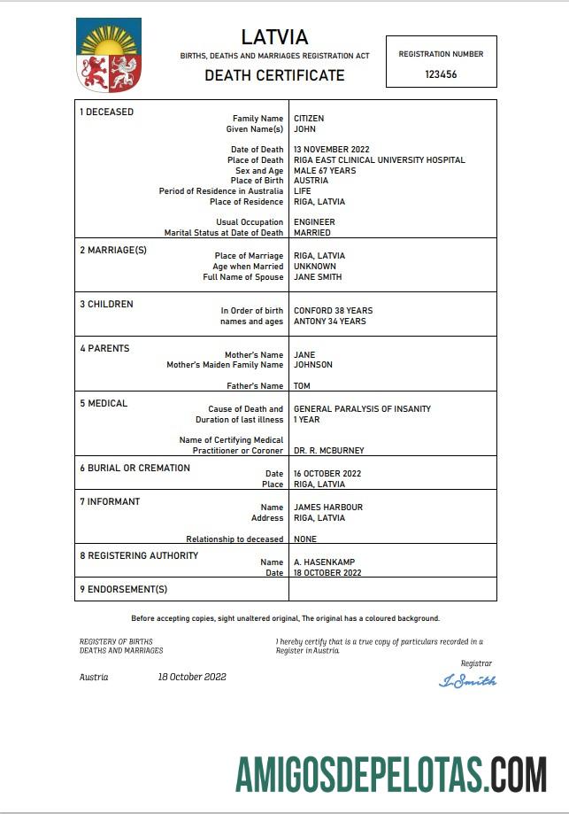 Berkualitas Latvia vital record kematian sertifikat Word and PDF templat