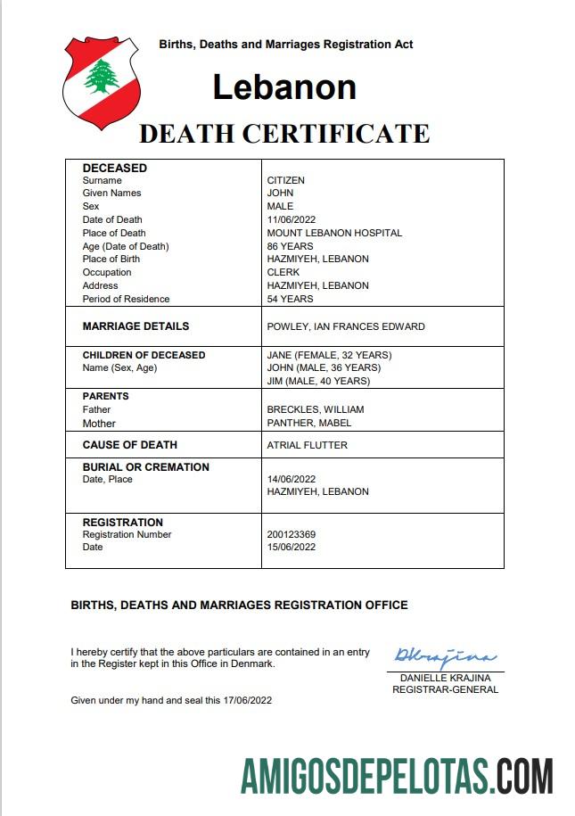 Dapat Diedit Lebanon kematian sertifikat Word and PDF templat