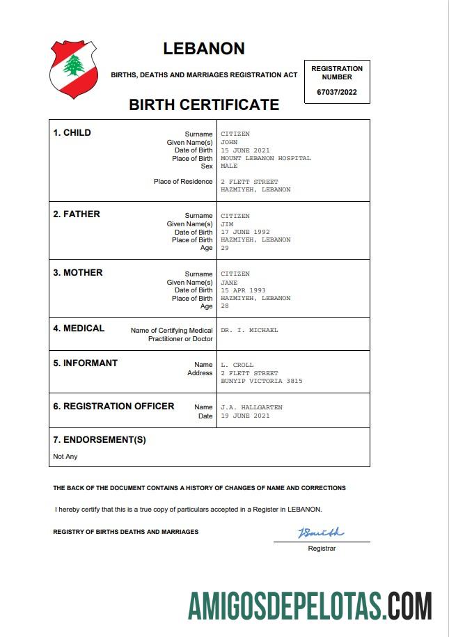 Dapat Diedit Lebanon vital record kelahiran sertifikat Word and PDF templat