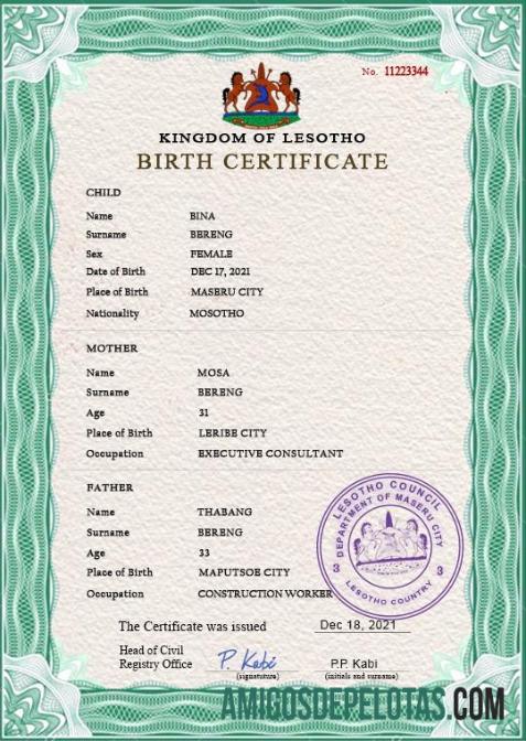 Dapat Diedit Lesotho vital record kelahiran sertifikat PSD templat