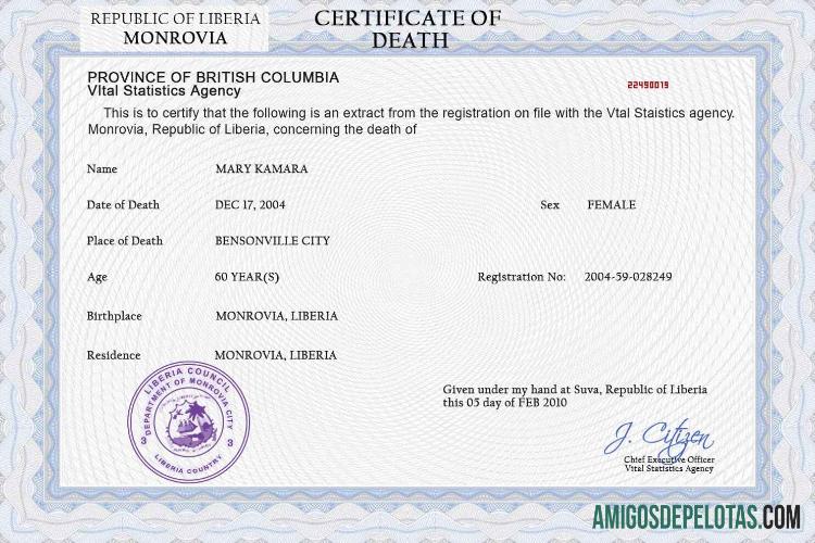 Berkualitas Liberia kematian sertifikat PSD templat