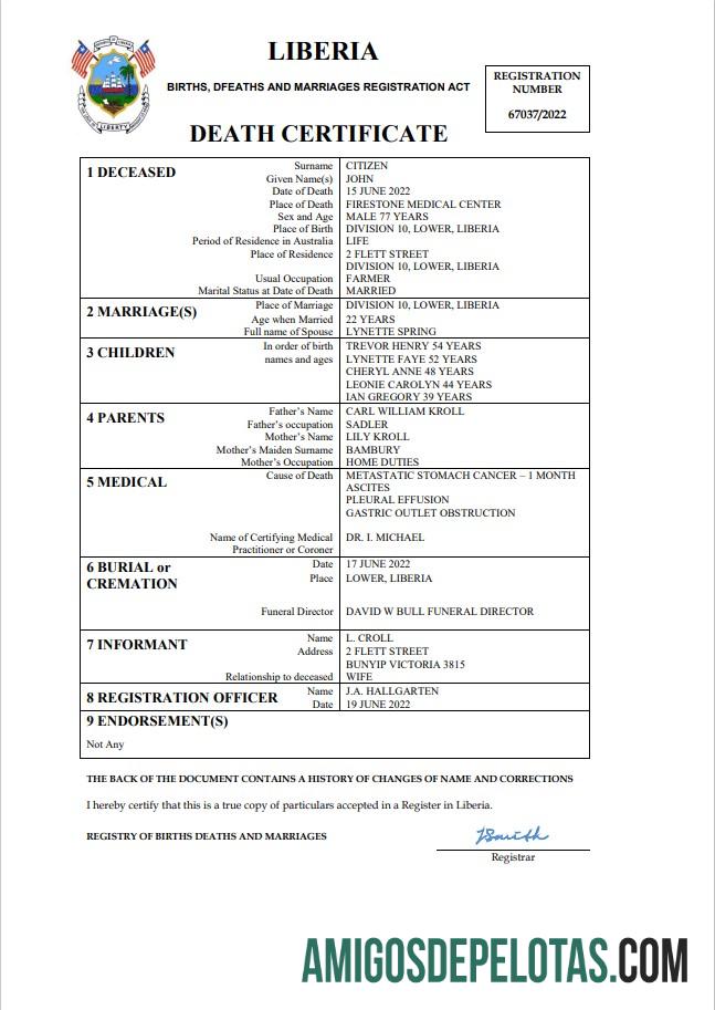 Berkualitas Liberia kematian sertifikat Word and PDF templat