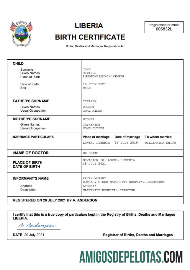 Premium Liberia vital record kelahiran sertifikat Word and PDF templat