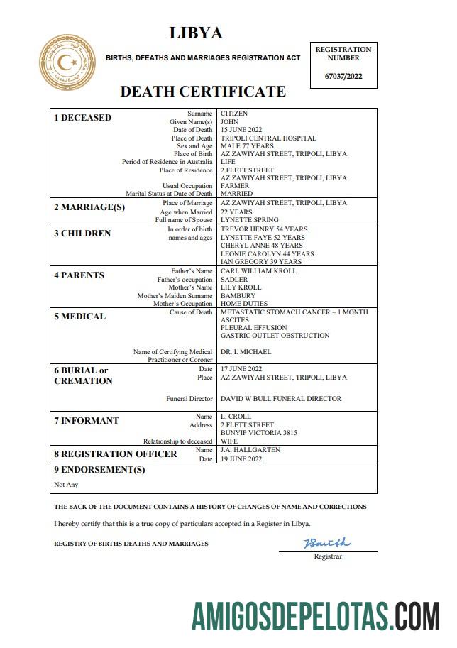 Berkualitas Libya kematian sertifikat Word and PDF templat