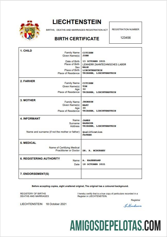 Profesional Liechtenstein vital record kelahiran sertifikat Word and PDF templat
