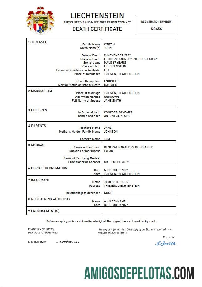 Premium Liechtenstein vital record kematian sertifikat Word and PDF templat