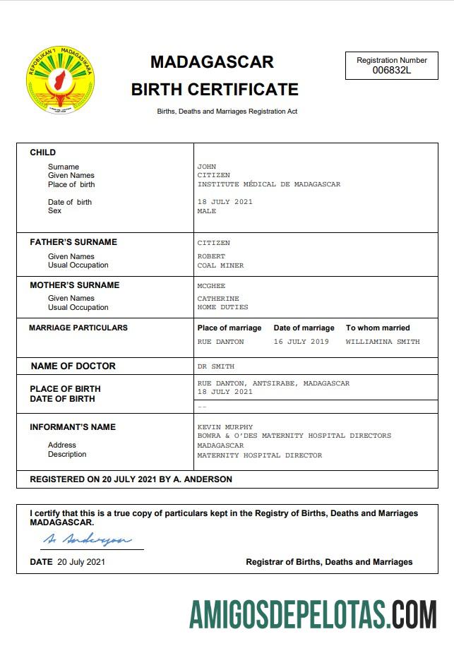 Berkualitas Madagaskar vital record kelahiran sertifikat Word and PDF templat