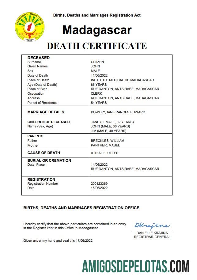 Realistis Madagaskar vital record kematian sertifikat Word and PDF templat