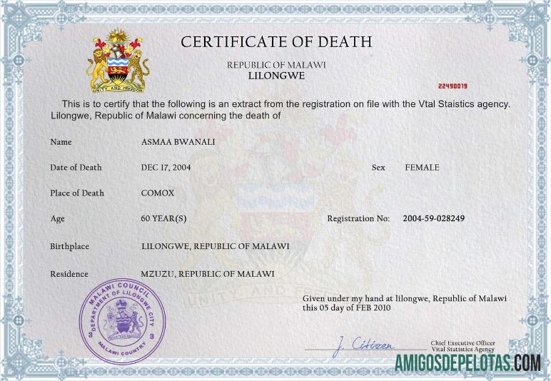 Malawi kematian sertifikat makering