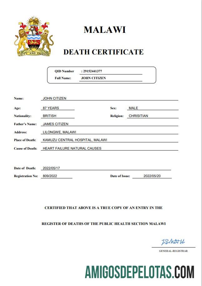 Premium Malawi vital record kematian sertifikat Word and PDF templat