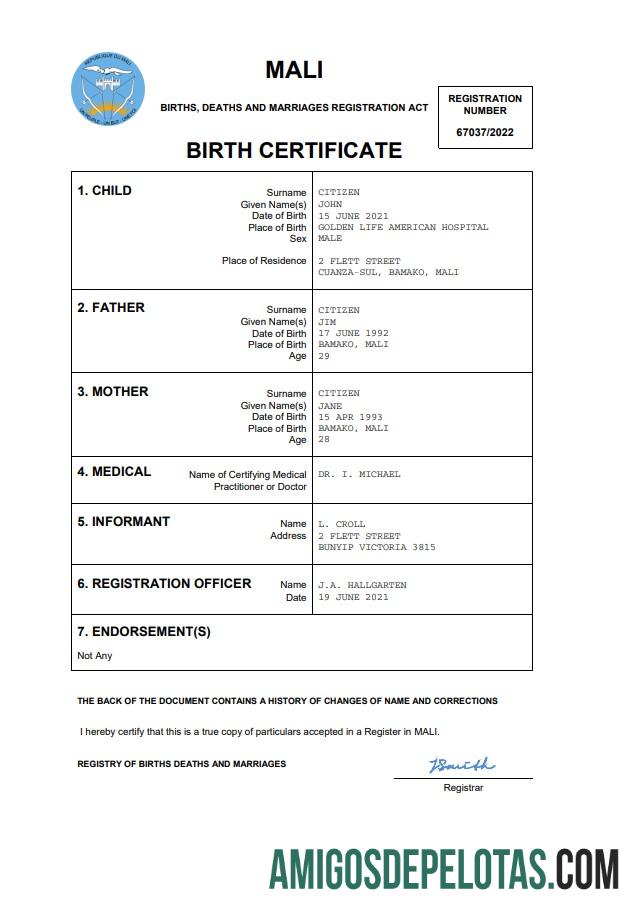Premium Mali vital record kelahiran sertifikat Word and PDF templat