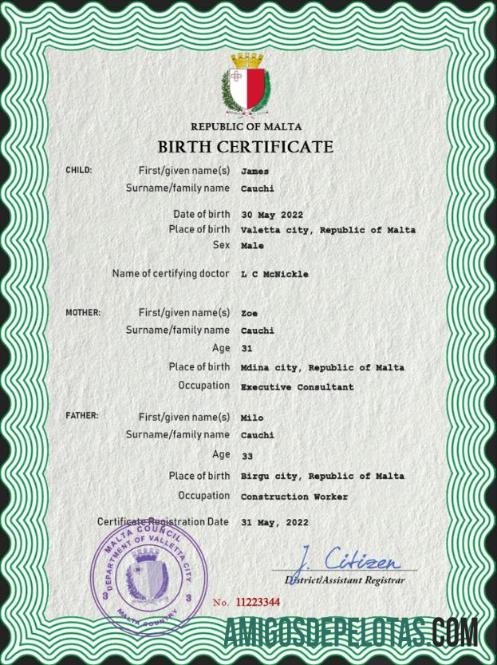 Dapat Diedit Malta vital record kelahiran sertifikat PSD templat
