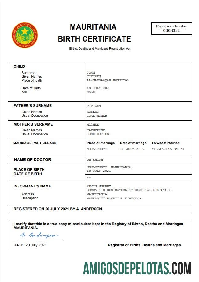 Dapat Diedit Mauritania kelahiran sertifikat Word and PDF templat