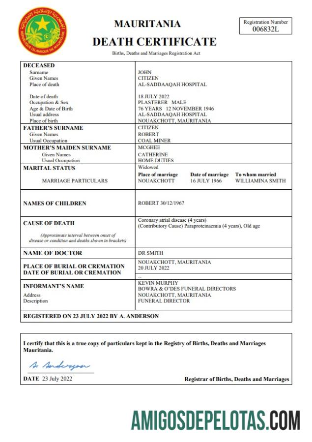 Premium Mauritania vital record kematian sertifikat Word and PDF templat