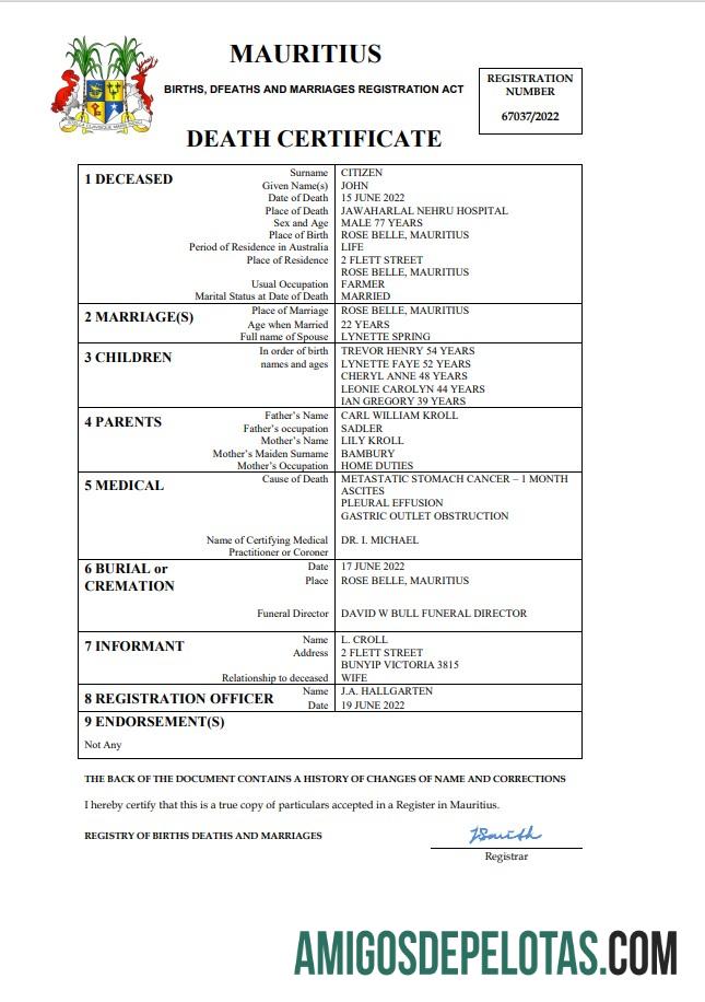 Berkualitas Mauritius kematian sertifikat Word and PDF templat, completely Dapat Diedit