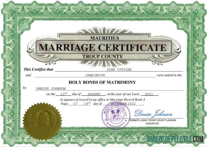 Berkualitas Mauritius pernikahan sertifikat Word and PDF templat