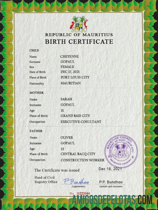 Premium Mauritius vital record kelahiran sertifikat PSD templat
