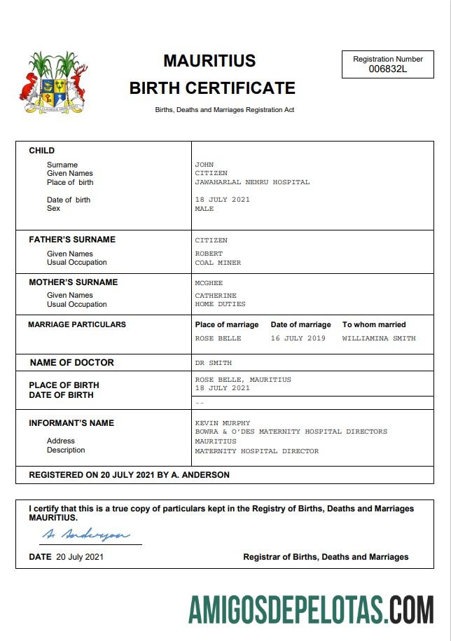 Premium Mauritius vital record kelahiran sertifikat Word and PDF templat