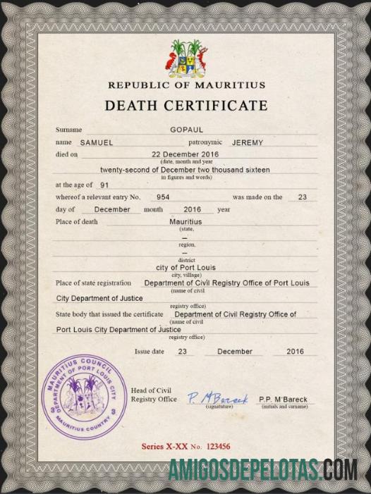 Profesional Mauritius vital record kematian sertifikat PSD templat