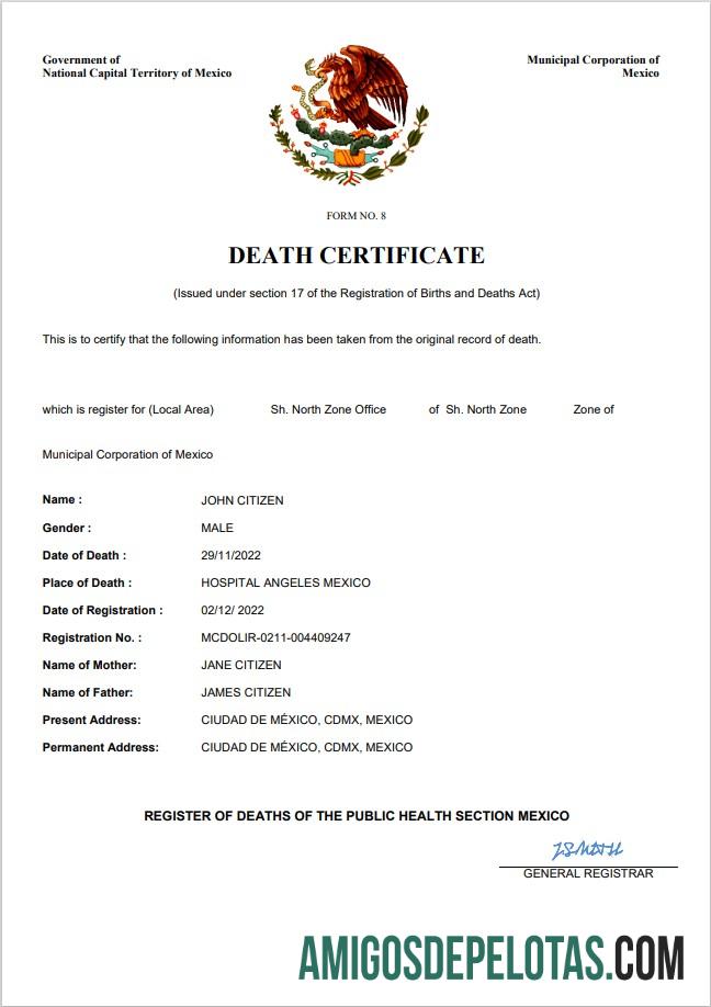 Realistis Meksiko vital record kematian sertifikat Word and PDF templat
