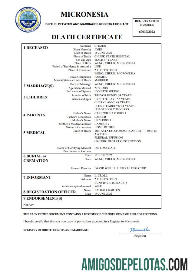 Premium Mikronesia vital record kematian sertifikat Word and PDF templat