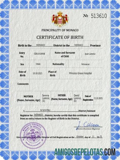 Premium Monako vital record kelahiran sertifikat PSD templat