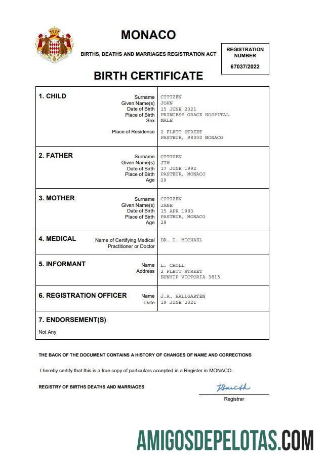 Profesional Monako vital record kelahiran sertifikat Word and PDF templat
