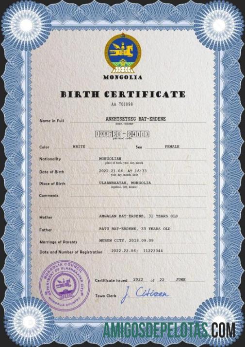 Dapat Diedit Mongolia kelahiran sertifikat PSD templat