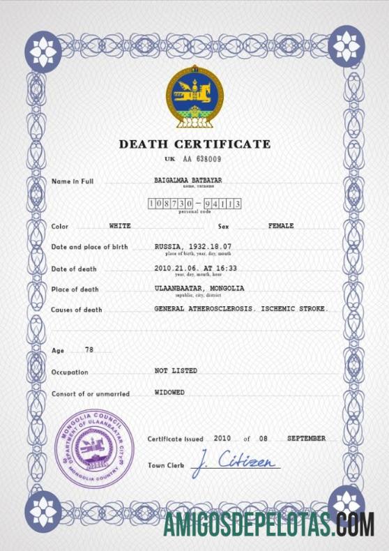 Profesional Mongolia kematian sertifikat PSD templat