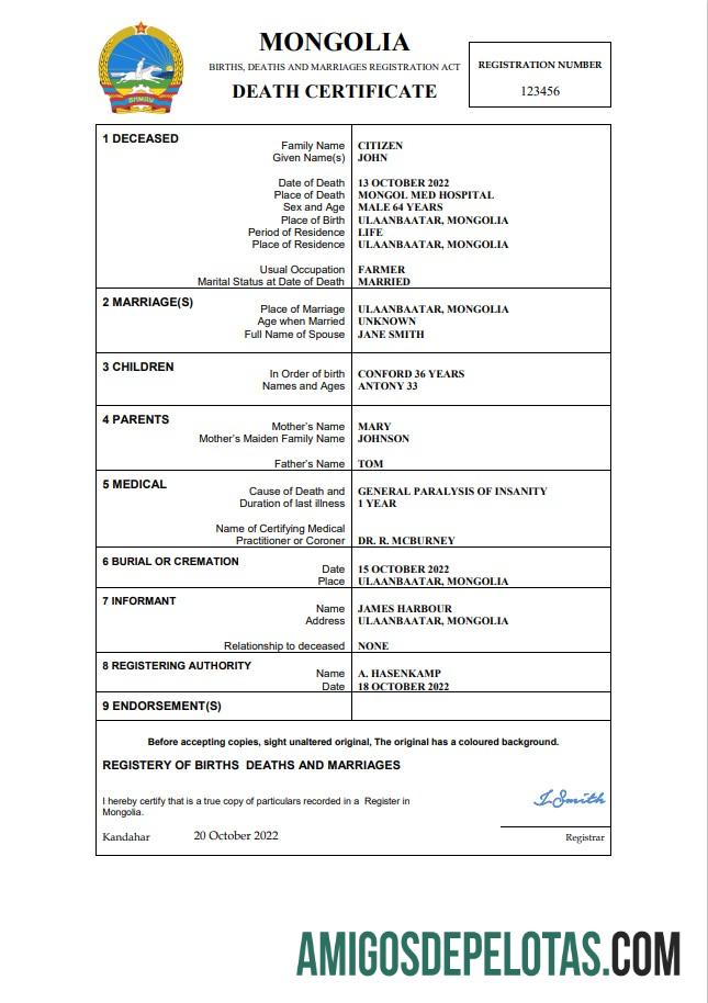 Profesional Mongolia vital record kematian sertifikat Word and PDF templat