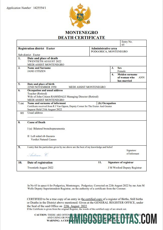 Berkualitas Montenegro kematian sertifikat Word and PDF templat