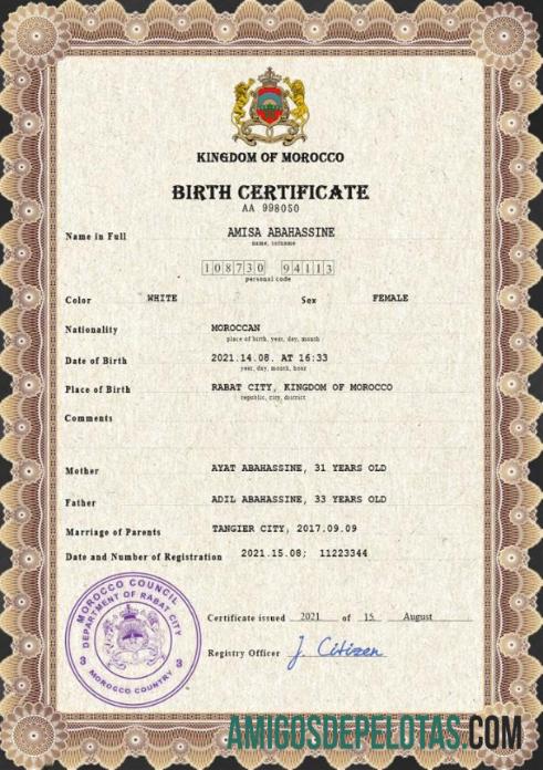 Dapat Diedit Maroko vital record kelahiran sertifikat PSD templat