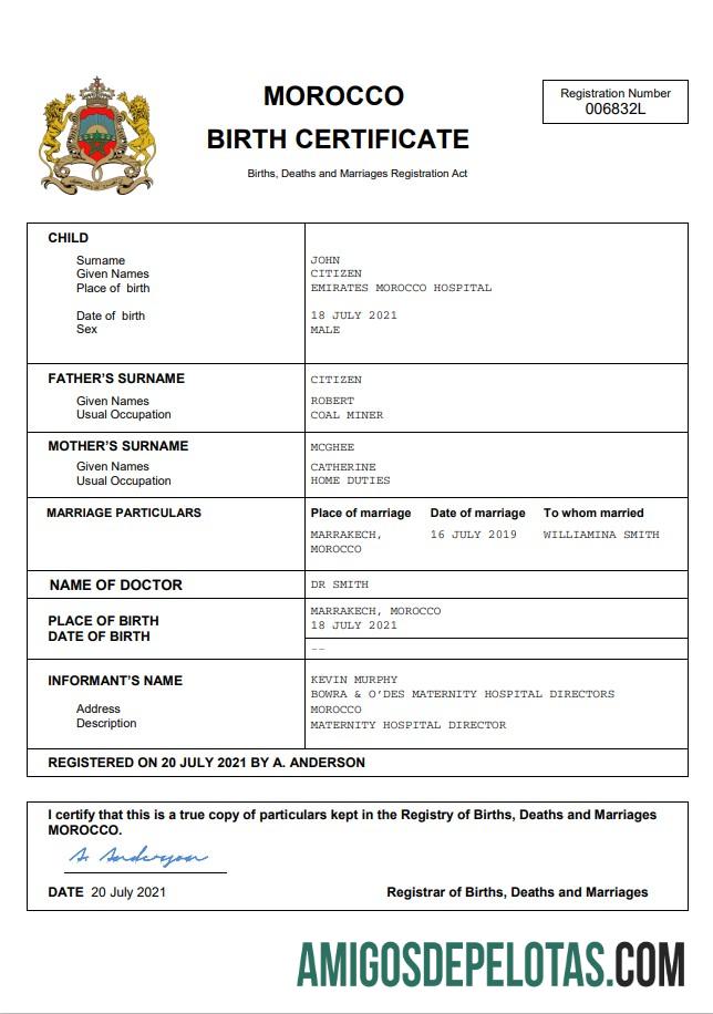 Premium Maroko vital record kelahiran sertifikat Word and PDF templat