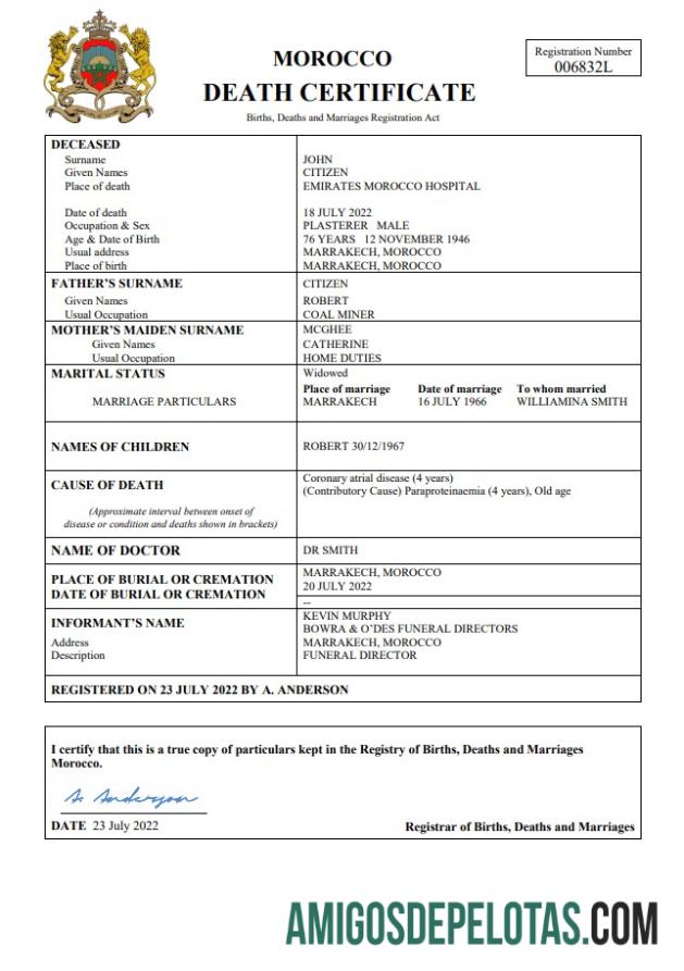 Berkualitas Maroko vital record kematian sertifikat Word and PDF templat