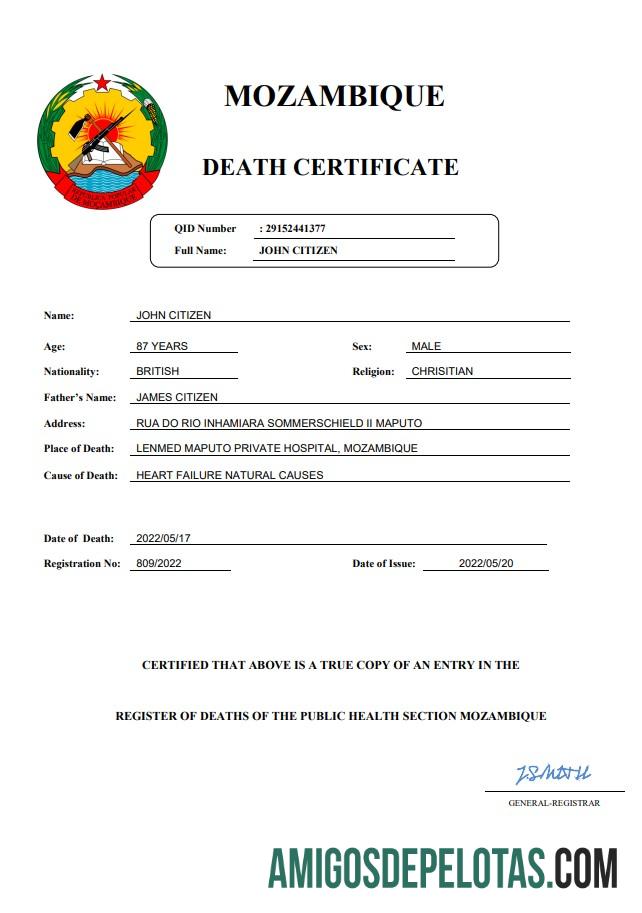 Dapat Diedit Mozambik vital record kematian sertifikat Word and PDF templat
