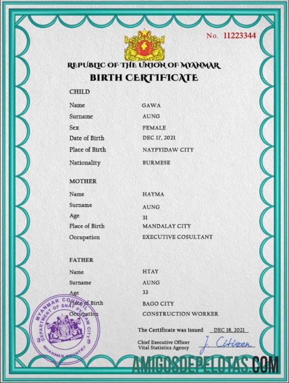 Profesional Myanmar vital record kelahiran sertifikat PSD templat