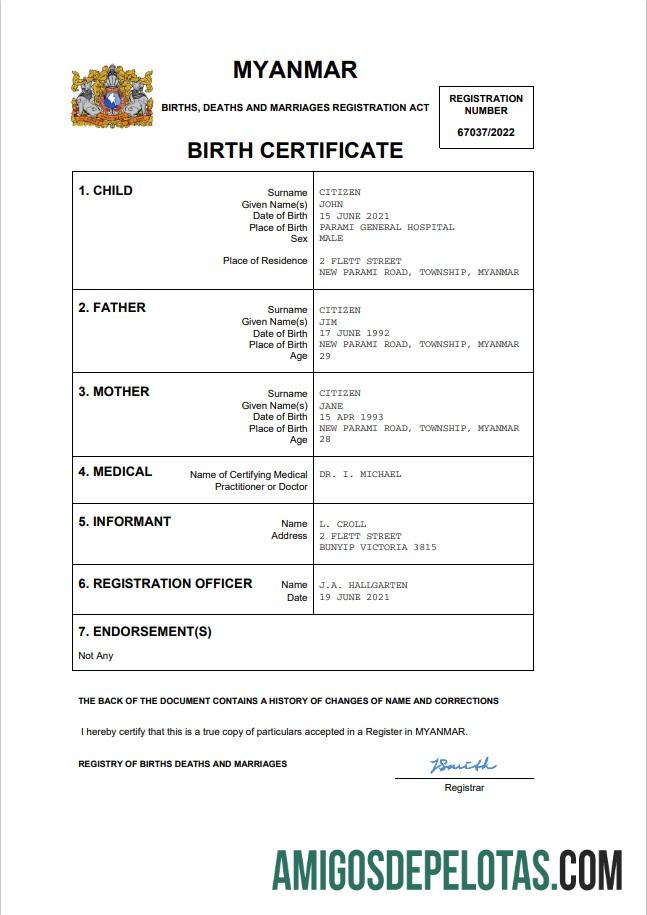 Realistis Myanmar vital record kelahiran sertifikat Word and PDF templat